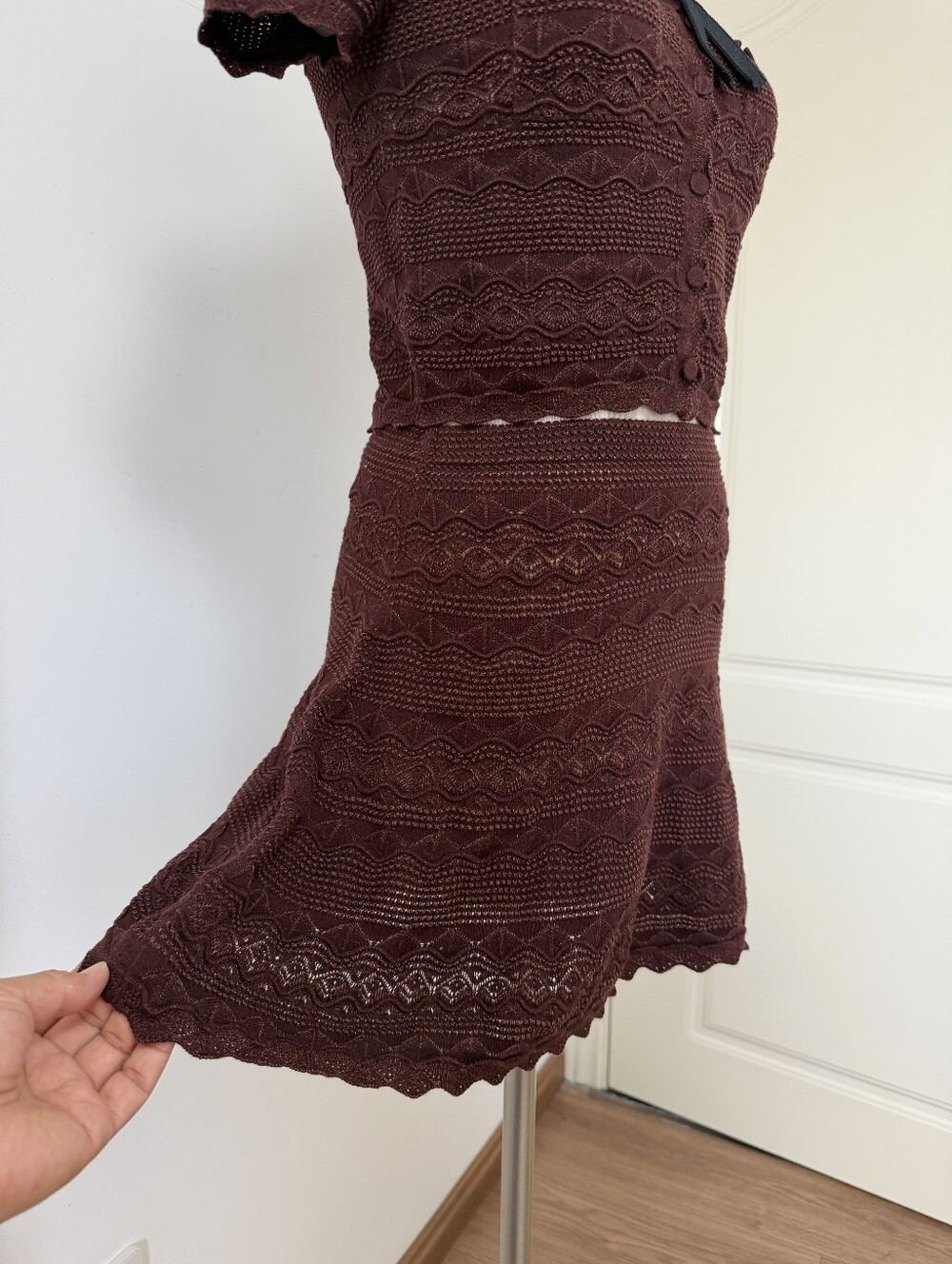 Self Portrait Brown Pointelle Knit Top With Matching Mini Skirt Set - Picture 15 of 16